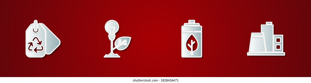 Set Tag with recycle, Light bulb leaf, Eco nature and battery and Factory icon. Vector.