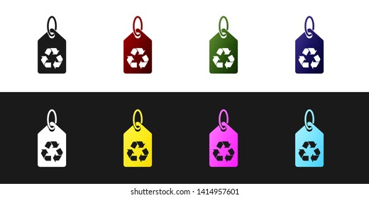 Set Tag with recycle symbol icon isolated on black and white background. Banner, label, tag, logo, sticker for eco green. Vector Illustration
