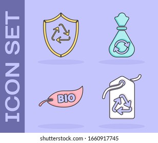 Set Tag with recycle symbol, Recycle symbol inside shield, Leaf Bio symbol and Garbage bag with recycle icon. Vector