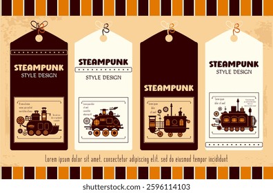 Set of tag in retro style with steam engine machines. Collection of vintage label with steampunk style steam powered carriage silhouettes. Can be used for scrapbooking, card, tag, sticker. Vector EPS8