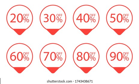 Set of tag sale label. Grunge stamps, badges and banners. Special offer, hot sale, Best price. 20, 30, 40, 50, 60, 70, 80, 90 percent. Vector illustration.