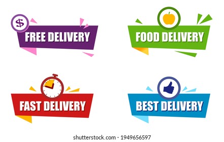 Set tag with says Fast delivery. Red, green and blue ribbon with text Free delivery, Best delivery and food delivery. Colorful banners. Vector promo bubble in modern style.