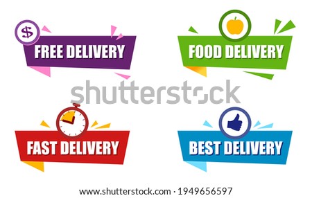 Set tag with says Fast delivery. Red, green and blue ribbon with text Free delivery, Best delivery and food delivery. Colorful banners. Vector promo bubble in modern style.