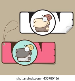 Set of tag and sticker with funny cartoon sheep. Vector illustration.