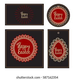 Set tag vector. Red elements for Easter. Egg and round frames. Happy Easter lettering. Lace gold. Isolated illustration on dark card background.