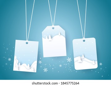 Juego de etiquetas con el paisaje invernal. Estilo de corte de papel