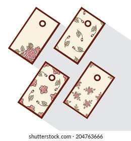 Set of tags with abstract roses. Event design template. Flat