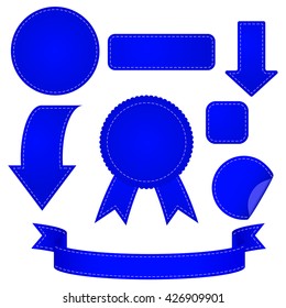 Set of tags, arrows, banners. Set of blue signs. Vector illustration on white background