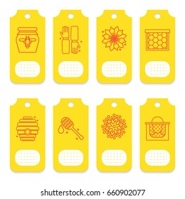 Set of tags for beekeeping, honey, apiary. 8 yellow cards for decoration of packaging of cometics, soap, honey products, pollen, propolis
