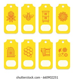 Set of tags for beekeeping, honey, apiary. 8 yellow cards for decoration of packaging of cometics, soap, honey products, pollen, propolis