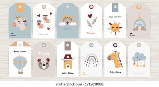 Set of tags with bohemian items for girl and boy. Perfect for baby shops, product packaging