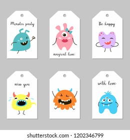 Set of tags with cartoon monsters. Vector illustration.