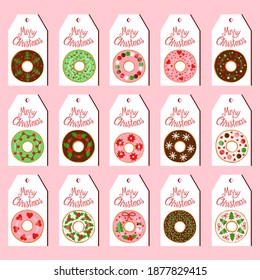 Set of tags with Christmas donuts and lettering 