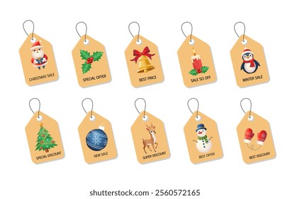A set of tags with Christmas elements. Banners with offers of Christmas and New Year discounts for the winter season. It can be used in advertising, web design, and printing.
