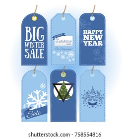 Set of tags for Christmas and New Year sales and promotions.