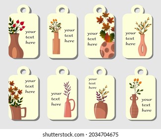 A set of tags with clay vases. Maple and oak leaves, sea buckthorn and wild rose, branches with colorful leaves. Vector illustration. For flower shops, gifts, price tags, labels.