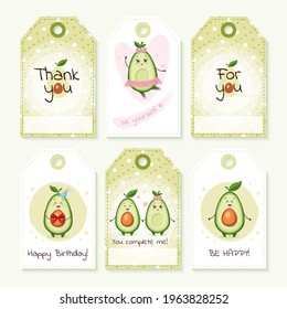 Set of tags with cute characters avocados. Tags for gift boxes. Happy Birthday, be yourself, for you, you complete me, be happy.