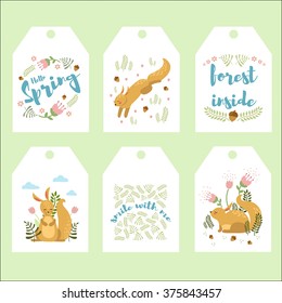 Set of tags with cute squirrel, lettering, flowers, leaves and nuts in vector. Vector illustration