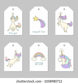 Set of tags with cute unicorns. Vector illustration.