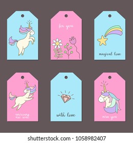 Set of tags with cute unicorns. Vector illustration.