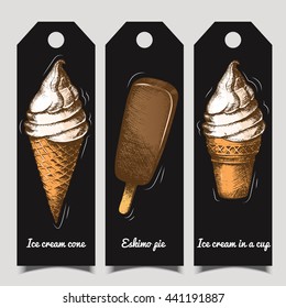 Set of tags with different ice cream on black, freehand drawing.  Sketch. Summer season. The menu for the restaurant and cafe.  Illustration painted in graphic style.