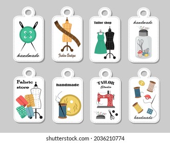 A set of tags with drawings of sewing tools. Sewing machine, fabric and mannequin, buttons and scissors. Vector illustration. For tailor shops, sewing workshops, tailors and handicraft workshops