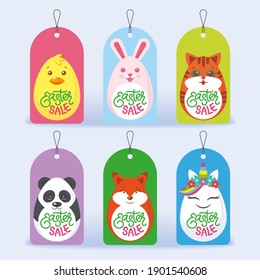 A set of tags for the Easter sale with stylized eggs painted as animals chicken, rabbit, cat, panda, fox, unicorn. Vector illustration, label, sticker