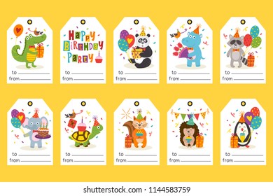 set of tags with funny animals Happy Birthday - vector illustration, eps