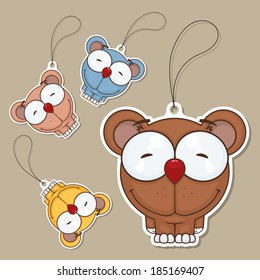 Set of tags with funny cartoon bear. Vector illustration.