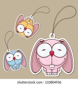 Set of tags with funny cartoon rabbit. Vector.