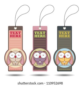 Set of tags with funny cartoon rabbit. Vector.