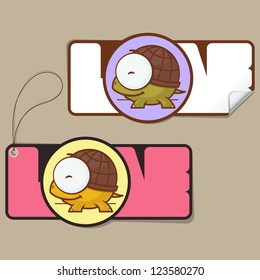 Set of tags with funny cartoon turtle. Vector.