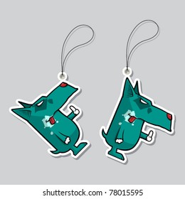 Set of tags with funny cyan dog.Vector illustration.