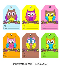 set of tags with funny owls- vector illustration, eps