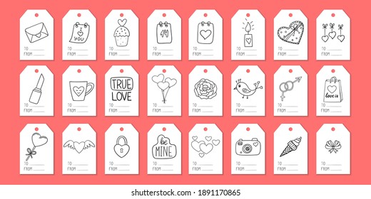 Un conjunto de etiquetas para envolver regalos con elementos sobre el tema de San Valentín. Las ilustraciones de estilo Doodle son dibujadas a mano. Ilustración vectorial en blanco y negro aislada en fondo blanco