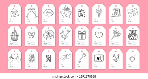 A set of tags for gift wrapping with elements on the theme of Valentine's Day. Doodle-style illustrations are hand-drawn. Black and white vector illustration, isolated on a white background