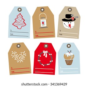 Set of tags for gifts for Christmas. In a tag sticks, snowman, lights, tree, candle, twig, mistletoe, wreath, cupcakes. Tags colored.