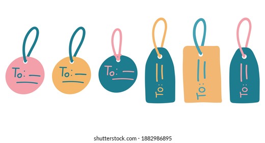 Set of tags for gifts for the holidays. Yellow, pink, blue colors. Vector hand drawn illustrations. Christmas, New Year, Birthday.