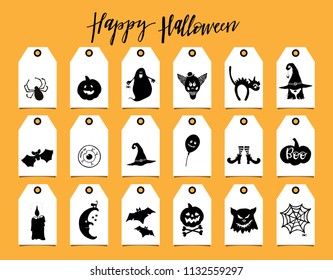 Set of tags with Halloween symbols. Hand drawn design elements on white tags.