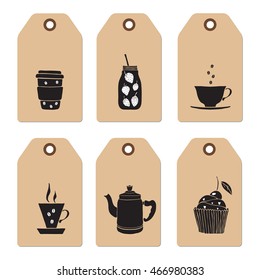 Set of tags with hand drawn cups, drinks and dessert elements.