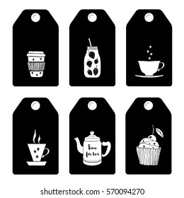 Set of tags with hand drawn cups, drinks and dessert elements on black background