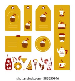 Set of tags with hand drawn cups, drinks and dessert. Design elements for cafe, bakery.
