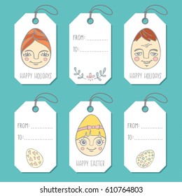 Set of tags hand drawn family portrait on Easter eggs. Colorful vector design elements for holidays card or gift in doodle style