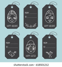 Set of tags hand drawn family portrait on Easter eggs on black background. Unique vector design elements for holidays card or gift in doodle style