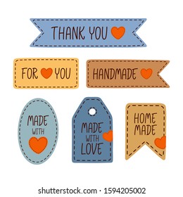 Set of tags with hand drawn lettering and element of red heart - For you, Thank you, Handmade, Made with love, Home made - Label, card, stitched badge for hand made artists