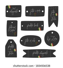 Set of tags with hand drawn lettering in italian for hand made artists and craftsmen - Handcrafted, local product, hand made, made in Italy - Label, badge collection, vector illustration