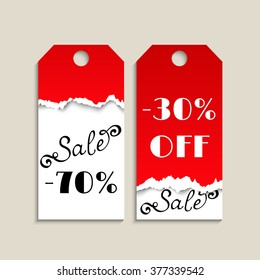 Set of tags with hand drawn lettering "Sale" and torn paper texture. Vector. Easy to edit