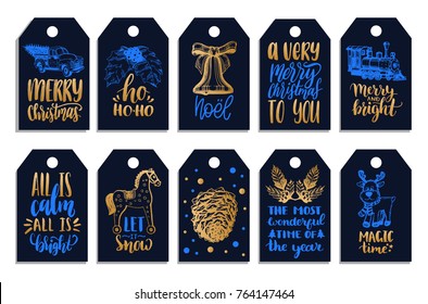 Set of tags with hand written Christmas phrases. Vector labels with New Year symbols drawings.
