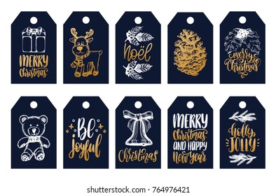 Set of tags with hand written Christmas phrases. Vector labels with New Year symbols drawings.