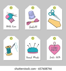 Set of tags with handmade icons. Vector illustration.